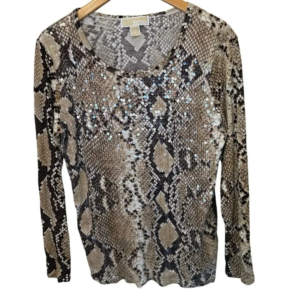 Michael Kors Sneak Print Sequin Jet Set Y2K Long Sleeve Tee Large Brown Glam